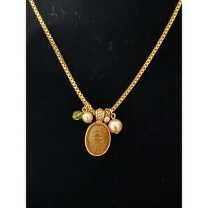 Vintage Scarab & Beads Pendant Necklace Egyptian Revival 16" (L)